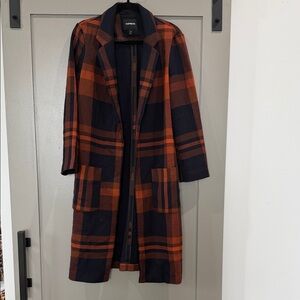 Express Black and Orange Plaid Trench Coat